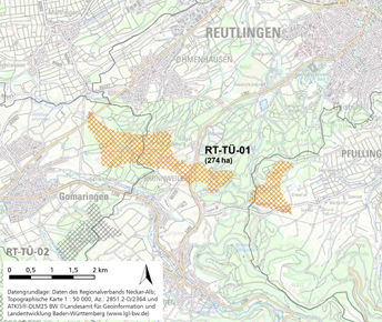 Vorranggebiet RT-TÜ-01 für Windenergienutzung, Planungsstand 2023. Inzwischen hat sich ergeben, dass der größte Teil auf Gomaringer Gemarkung nicht in Frage kommt. GEA 2025-04-26 zur Projektierersuche für RT-TÜ-01 Wind